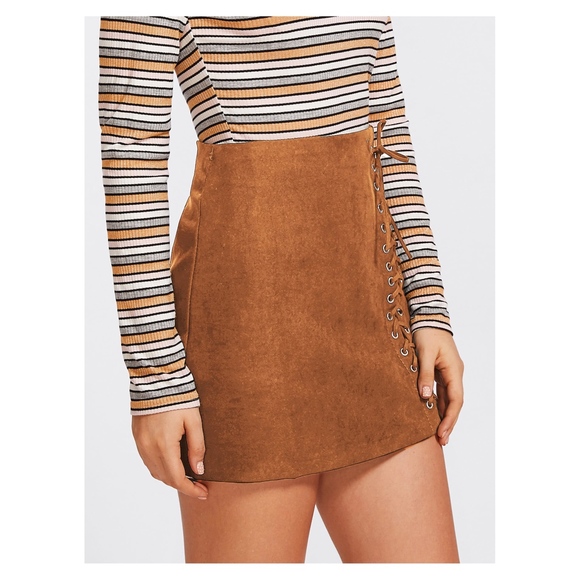 Brown Faux Suede Side Lace Up Mid Waist Mini Skirt - Picture 3 of 7